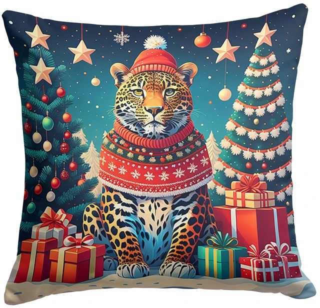 Main image of Leopard Christmas Throw Pillow Machine Washable, Indoor Outdoor Decorative Pillow for Couch, Bed or Patio, 18Hx18W