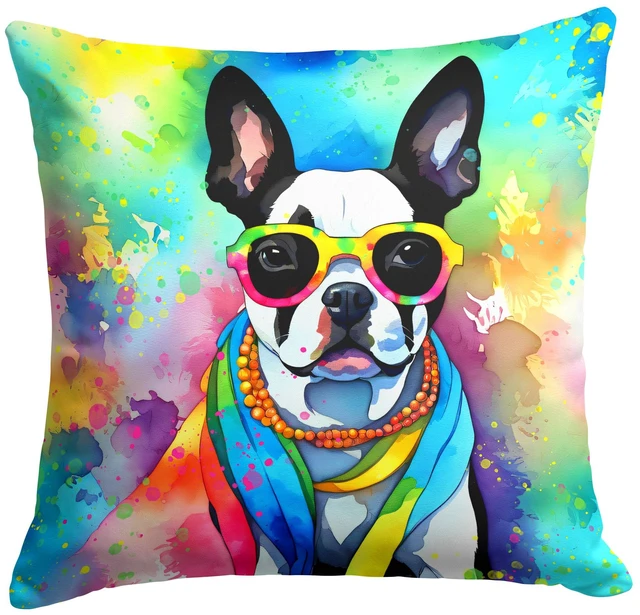 Main image of Boston Terrier Hippie Dawg Throw Pillow Machine Washable, Indoor Outdoor Decorative Pillow for Couch, Bed or Patio, 18Hx18W