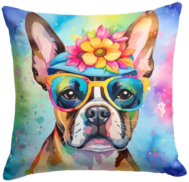 Main image of Boston Terrier Hippie Dawg Throw Pillow Machine Washable, Indoor Outdoor Decorative Pillow for Couch, Bed or Patio, 18Hx18W
