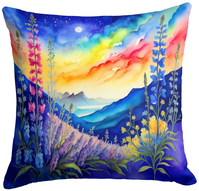 Main image of Colorful Delphinium Throw Pillow Machine Washable, Indoor Outdoor Decorative Pillow for Couch, Bed or Patio, 18Hx18W