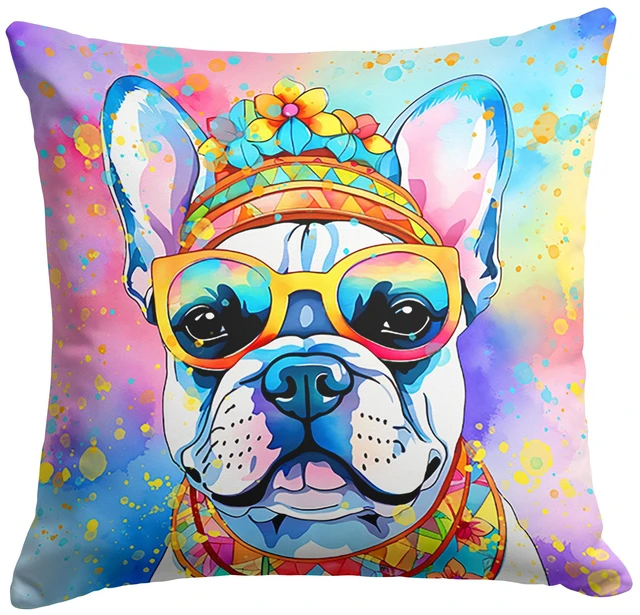 Main image of French Bulldog Hippie Dawg Throw Pillow Machine Washable, Indoor Outdoor Decorative Pillow for Couch, Bed or Patio, 18Hx18W