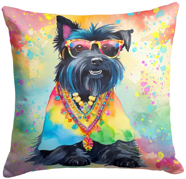 Main image of Scottish Terrier Hippie Dawg Throw Pillow Machine Washable, Indoor Outdoor Decorative Pillow for Couch, Bed or Patio, 18Hx18W