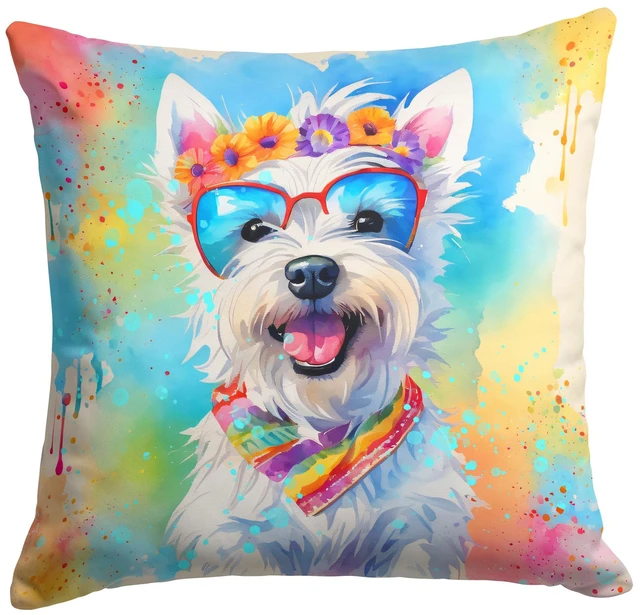 Main image of Westie Hippie Dawg Throw Pillow Machine Washable, Indoor Outdoor Decorative Pillow for Couch, Bed or Patio, 18Hx18W