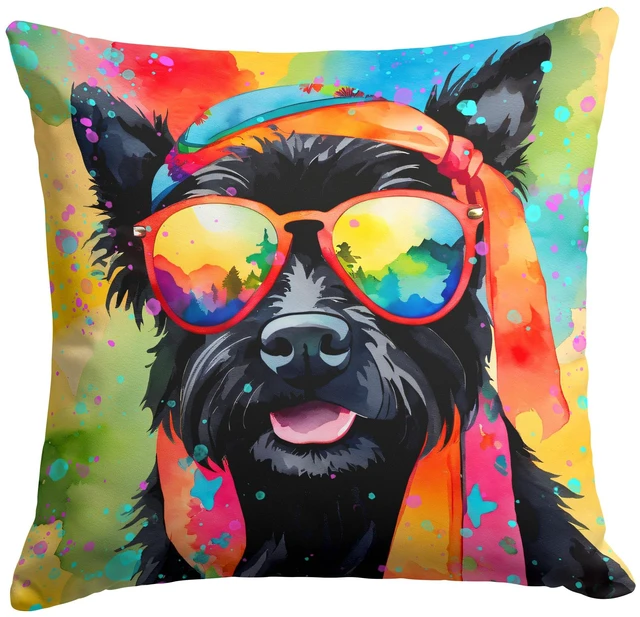Main image of Scottish Terrier Hippie Dawg Throw Pillow Machine Washable, Indoor Outdoor Decorative Pillow for Couch, Bed or Patio, 18Hx18W