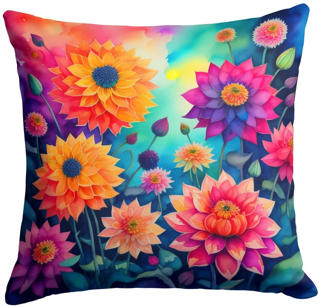 Main image of Colorful Dahlias Throw Pillow Machine Washable, Indoor Outdoor Decorative Pillow for Couch, Bed or Patio, 18Hx18W