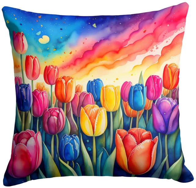 Main image of Colorful Tulips Throw Pillow Machine Washable, Indoor Outdoor Decorative Pillow for Couch, Bed or Patio, 18Hx18W