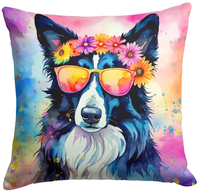 Main image of Border Collie Hippie Dawg Throw Pillow Machine Washable, Indoor Outdoor Decorative Pillow for Couch, Bed or Patio, 18Hx18W