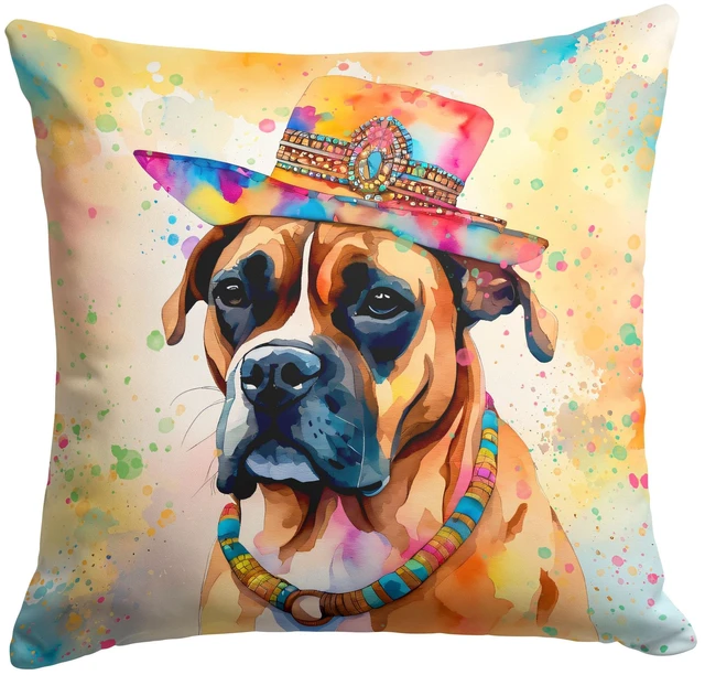 Main image of Boxer Hippie Dawg Throw Pillow Machine Washable, Indoor Outdoor Decorative Pillow for Couch, Bed or Patio, 18Hx18W