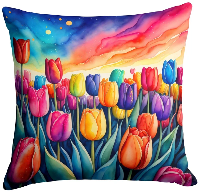 Main image of Colorful Tulips Throw Pillow Machine Washable, Indoor Outdoor Decorative Pillow for Couch, Bed or Patio, 18Hx18W