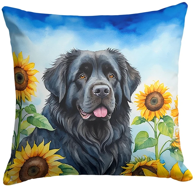 Main image of Newfoundland in Sunflowers Throw Pillow Machine Washable, Indoor Outdoor Decorative Pillow for Couch, Bed or Patio, 18Hx18W