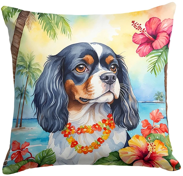 Main image of Cavalier Spaniel Luau Throw Pillow Machine Washable, Indoor Outdoor Decorative Pillow for Couch, Bed or Patio, 18Hx18W