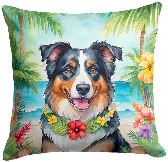 Main image of Australian Shepherd Luau Throw Pillow Machine Washable, Indoor Outdoor Decorative Pillow for Couch, Bed or Patio, 18Hx18W