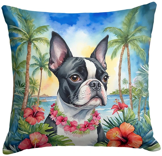 Main image of Boston Terrier Luau Throw Pillow Machine Washable, Indoor Outdoor Decorative Pillow for Couch, Bed or Patio, 18Hx18W