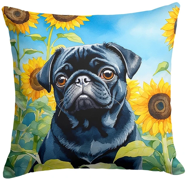 Main image of Pug in Sunflowers Throw Pillow Machine Washable, Indoor Outdoor Decorative Pillow for Couch, Bed or Patio, 18Hx18W