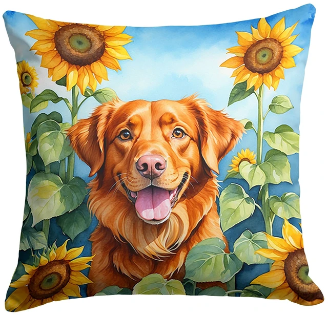 Main image of Nova Scotia Duck Toller in Sunflowers Throw Pillow Machine Washable, Indoor Outdoor Decorative Pillow for Couch, Bed or Patio, 18Hx18W