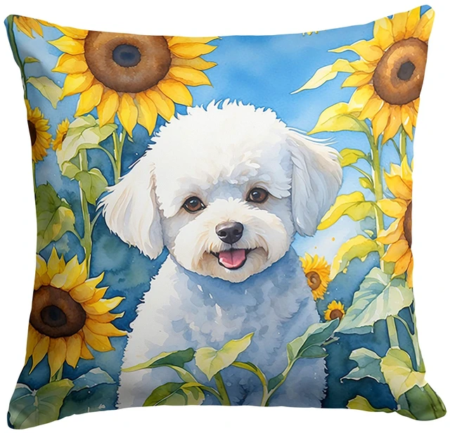 Main image of Bichon Frise in Sunflowers Throw Pillow Machine Washable, Indoor Outdoor Decorative Pillow for Couch, Bed or Patio, 18Hx18W