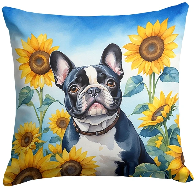 Main image of French Bulldog in Sunflowers Throw Pillow Machine Washable, Indoor Outdoor Decorative Pillow for Couch, Bed or Patio, 18Hx18W
