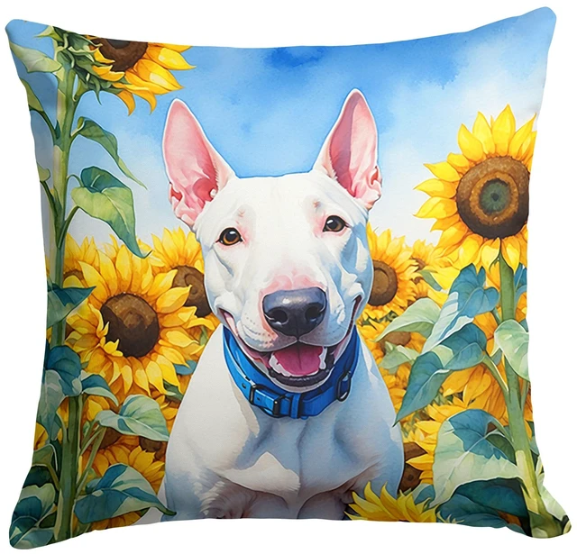 Main image of NEW English Bull Terrier in Sunflowers Throw Pillow Machine Washable, Indoor Outdoor Decorative Pillow for Couch, Bed or Patio, 18Hx18W