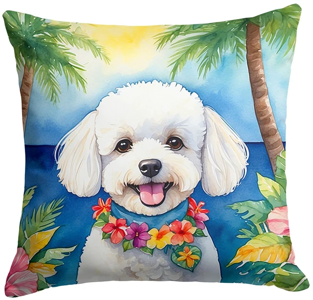 Main image of Bichon Frise Luau Throw Pillow Machine Washable, Indoor Outdoor Decorative Pillow for Couch, Bed or Patio, 18Hx18W