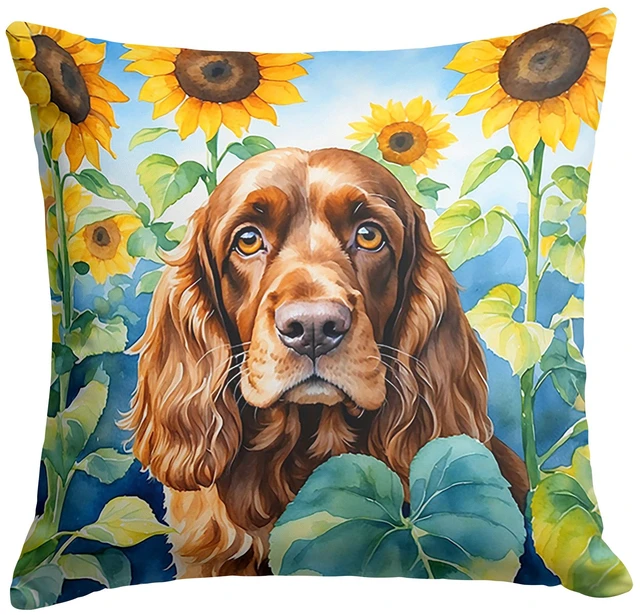 Main image of English Cocker Spaniel in Sunflowers Throw Pillow Machine Washable, Indoor Outdoor Decorative Pillow for Couch, Bed or Patio, 18Hx18W
