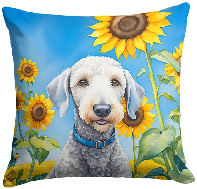 Main image of Bedlington Terrier in Sunflowers Throw Pillow Machine Washable, Indoor Outdoor Decorative Pillow for Couch, Bed or Patio, 18Hx18W