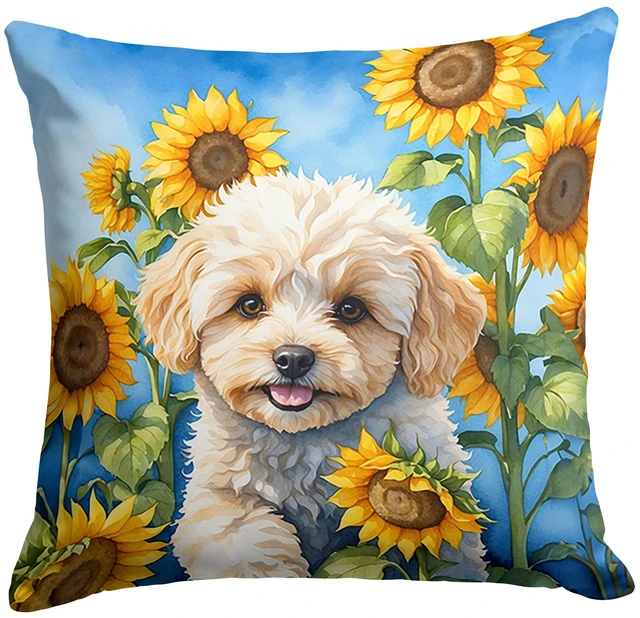 Main image of Maltipoo in Sunflowers Throw Pillow Machine Washable, Indoor Outdoor Decorative Pillow for Couch, Bed or Patio, 18Hx18W