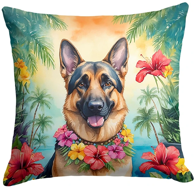 Main image of German Shepherd Luau Throw Pillow Machine Washable, Indoor Outdoor Decorative Pillow for Couch, Bed or Patio, 18Hx18W