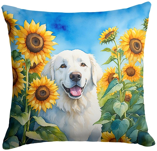 Main image of Kuvasz in Sunflowers Throw Pillow Machine Washable, Indoor Outdoor Decorative Pillow for Couch, Bed or Patio, 18Hx18W