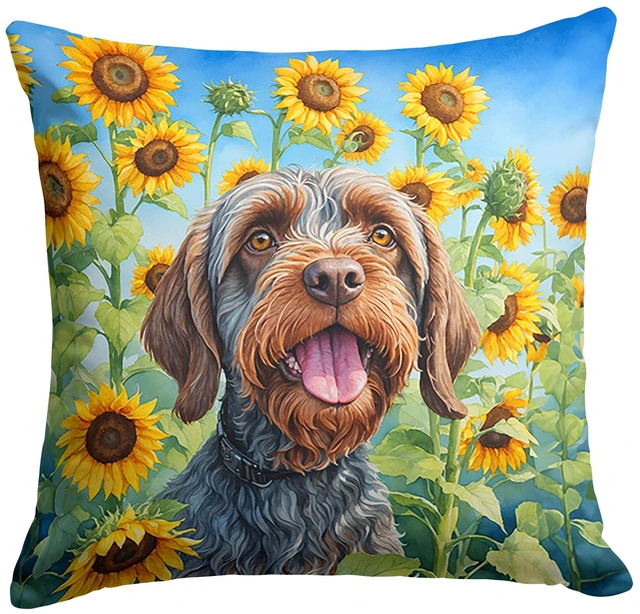 Main image of Wirehaired Pointing Griffon in Sunflowers Throw Pillow Machine Washable, Indoor Outdoor Decorative Pillow for Couch, Bed or Patio, 18Hx18W