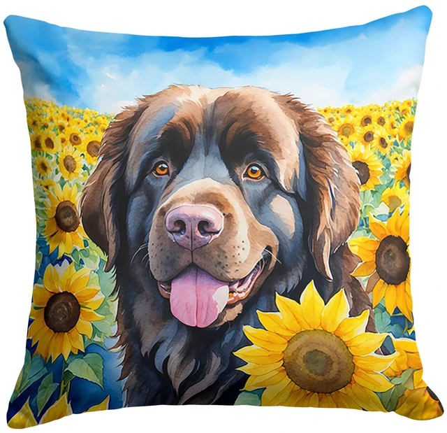 Main image of Newfoundland in Sunflowers Throw Pillow Machine Washable, Indoor Outdoor Decorative Pillow for Couch, Bed or Patio, 18Hx18W