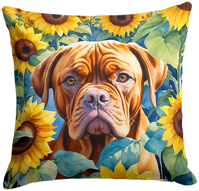 Main image of Dogue de Bordeaux in Sunflowers Throw Pillow Machine Washable, Indoor Outdoor Decorative Pillow for Couch, Bed or Patio, 18Hx18W