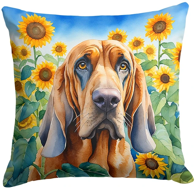 Main image of Bloodhound in Sunflowers Throw Pillow Machine Washable, Indoor Outdoor Decorative Pillow for Couch, Bed or Patio, 18Hx18W