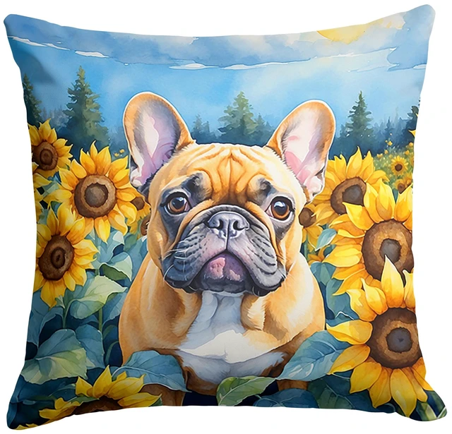 Main image of French Bulldog in Sunflowers Throw Pillow Machine Washable, Indoor Outdoor Decorative Pillow for Couch, Bed or Patio, 18Hx18W