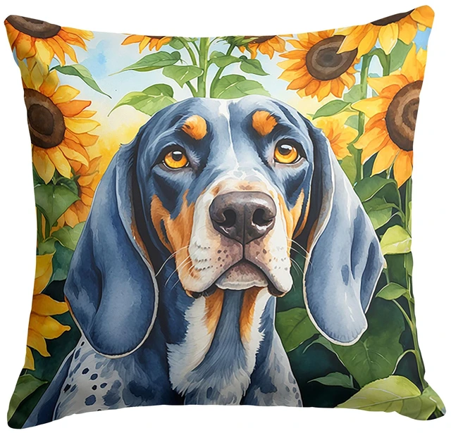 Main image of Bluetick Coonhound in Sunflowers Throw Pillow Machine Washable, Indoor Outdoor Decorative Pillow for Couch, Bed or Patio, 18Hx18W