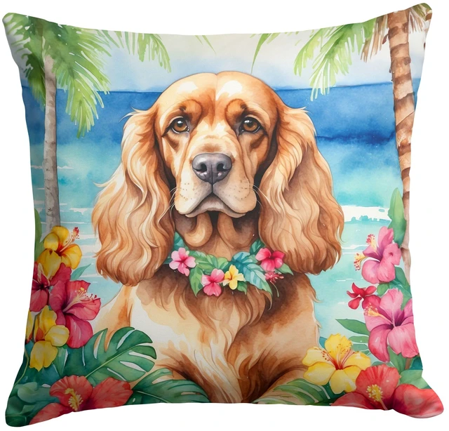 Main image of Cocker Spaniel Luau Throw Pillow Machine Washable, Indoor Outdoor Decorative Pillow for Couch, Bed or Patio, 18Hx18W