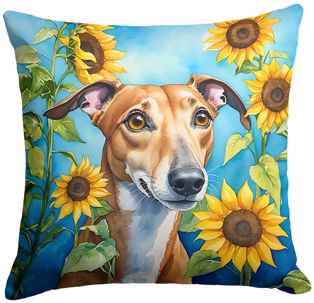 Main image of Greyhound in Sunflowers Throw Pillow Machine Washable, Indoor Outdoor Decorative Pillow for Couch, Bed or Patio, 18Hx18W