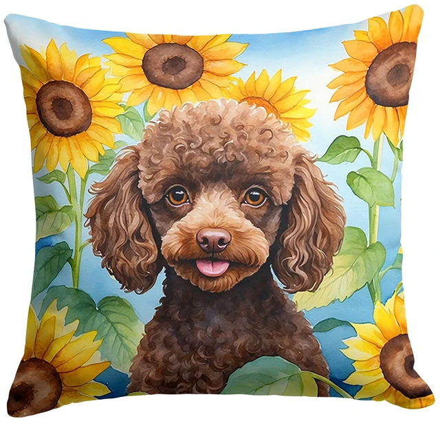 Main image of Chocolate Poodle in Sunflowers Throw Pillow Machine Washable, Indoor Outdoor Decorative Pillow for Couch, Bed or Patio, 18Hx18W