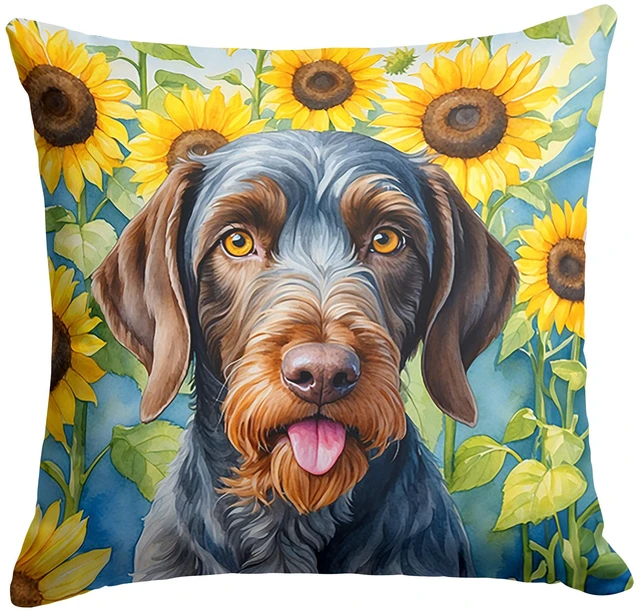 Main image of German Wirehaired Pointer in Sunflowers Throw Pillow Machine Washable, Indoor Outdoor Decorative Pillow for Couch, Bed or Patio, 18Hx18W