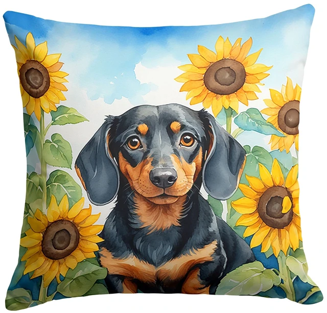 Main image of Dachshund in Sunflowers Throw Pillow Machine Washable, Indoor Outdoor Decorative Pillow for Couch, Bed or Patio, 18Hx18W