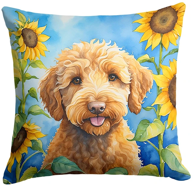 Main image of Labradoodle in Sunflowers Throw Pillow Machine Washable, Indoor Outdoor Decorative Pillow for Couch, Bed or Patio, 18Hx18W