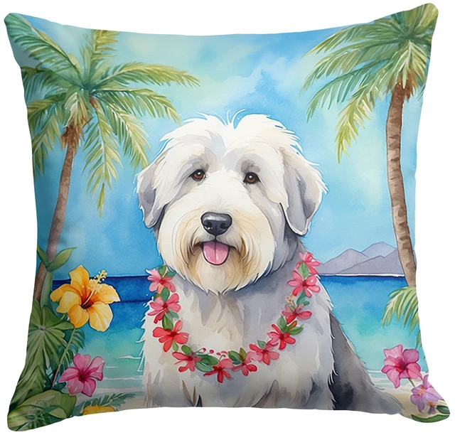 Main image of Old English Sheepdog Luau Throw Pillow Machine Washable, Indoor Outdoor Decorative Pillow for Couch, Bed or Patio, 18Hx18W
