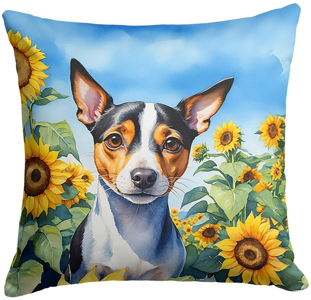 Main image of Rat Terrier in Sunflowers Throw Pillow Machine Washable, Indoor Outdoor Decorative Pillow for Couch, Bed or Patio, 18Hx18W