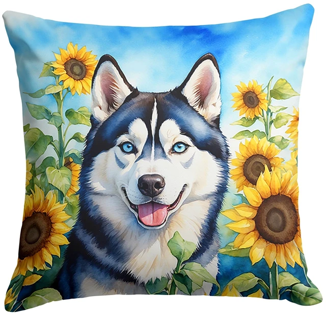 Main image of Siberian Husky in Sunflowers Throw Pillow Machine Washable, Indoor Outdoor Decorative Pillow for Couch, Bed or Patio, 18Hx18W