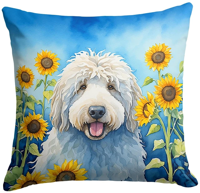Main image of Komondor in Sunflowers Throw Pillow Machine Washable, Indoor Outdoor Decorative Pillow for Couch, Bed or Patio, 18Hx18W