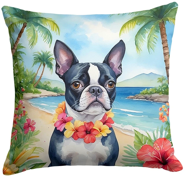 Main image of Boston Terrier Luau Throw Pillow Machine Washable, Indoor Outdoor Decorative Pillow for Couch, Bed or Patio, 18Hx18W