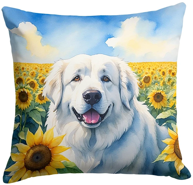 Main image of Great Pyrenees in Sunflowers Throw Pillow Machine Washable, Indoor Outdoor Decorative Pillow for Couch, Bed or Patio, 18Hx18W
