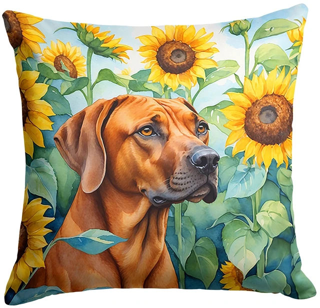 Main image of Rhodesian Ridgeback in Sunflowers Throw Pillow Machine Washable, Indoor Outdoor Decorative Pillow for Couch, Bed or Patio, 18Hx18W