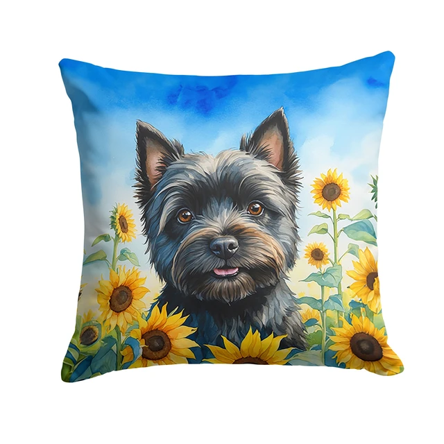Main image of Cairn Terrier in Sunflowers Throw Pillow Machine Washable, Indoor Outdoor Decorative Pillow for Couch, Bed or Patio, 18Hx18W