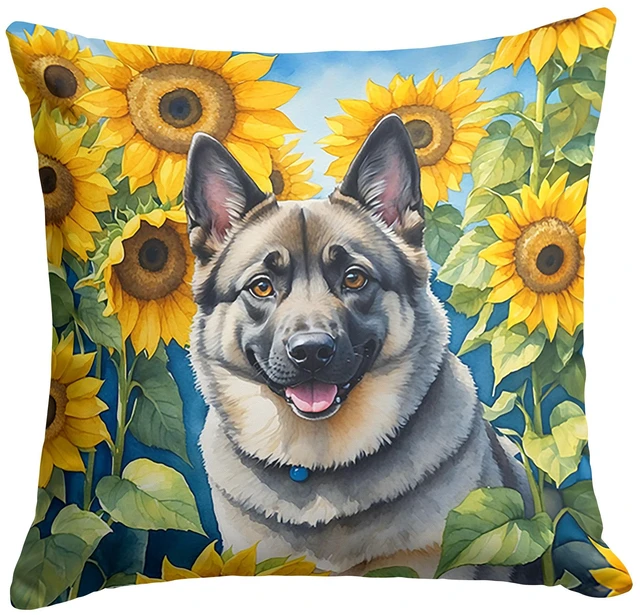 Main image of Norwegian Elkhound in Sunflowers Throw Pillow Machine Washable, Indoor Outdoor Decorative Pillow for Couch, Bed or Patio, 18Hx18W
