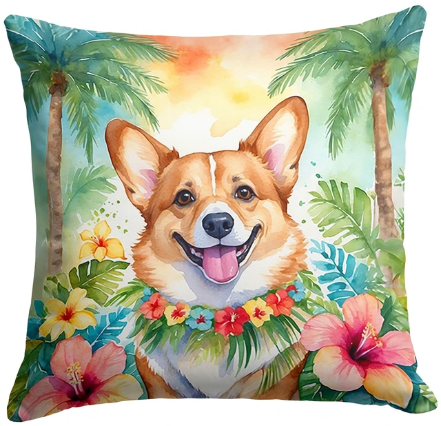Main image of Corgi Luau Throw Pillow Machine Washable, Indoor Outdoor Decorative Pillow for Couch, Bed or Patio, 18Hx18W